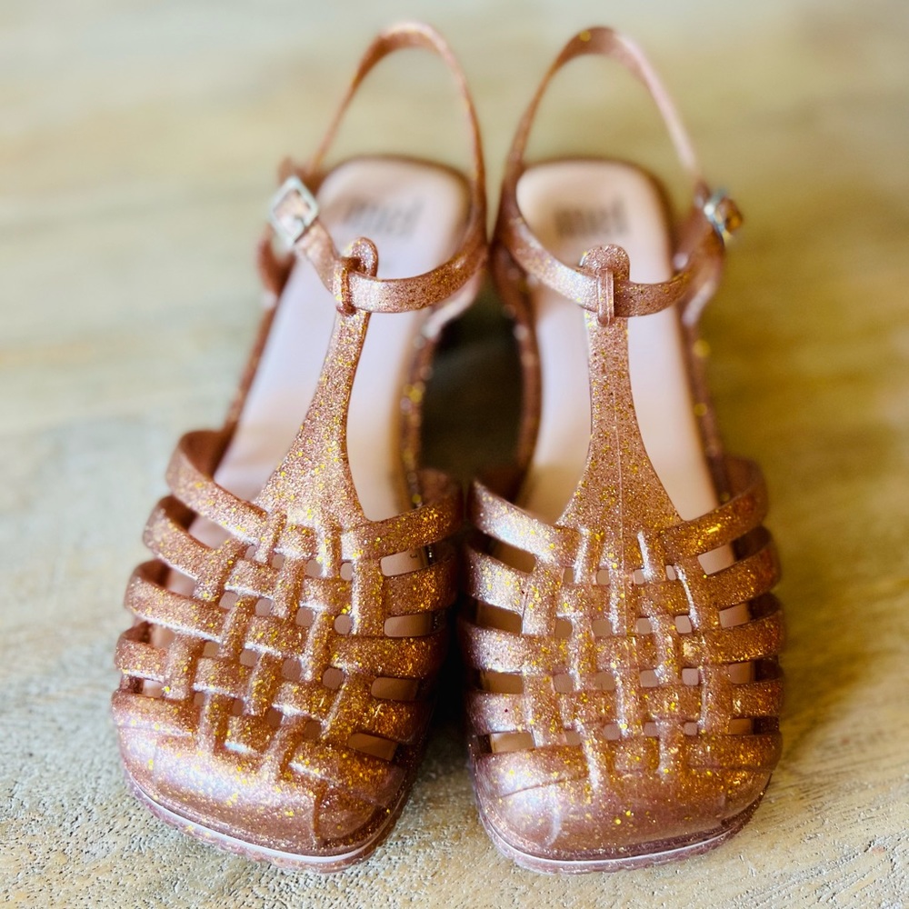 Tan glittery Melissa sandals. Size 3 youth.